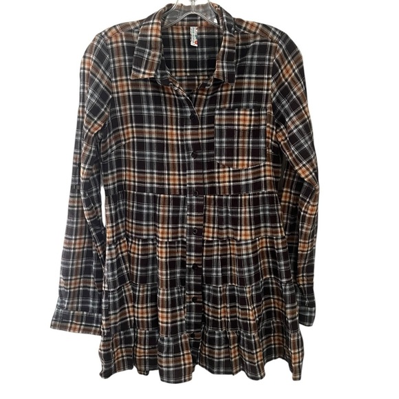 Free People Tops - Free People Plaid Button Down Long Top Shirt Peplum Hem Lightweight Small